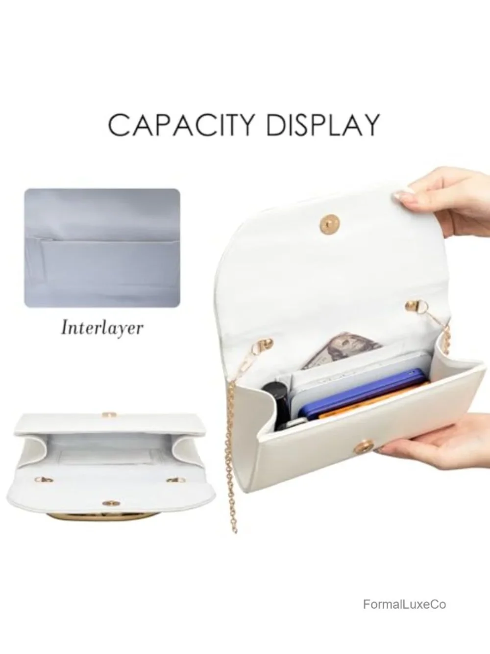Vegan Leather Clutch Purse with 3D Gold Acrylic Handle & Chain, Formal Evening